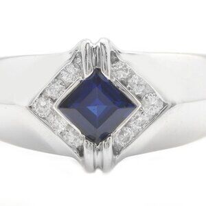 0.75 Carat Natural Blue Sapphire and Diamonds in 14K Solid White Gold Men’s Ring
